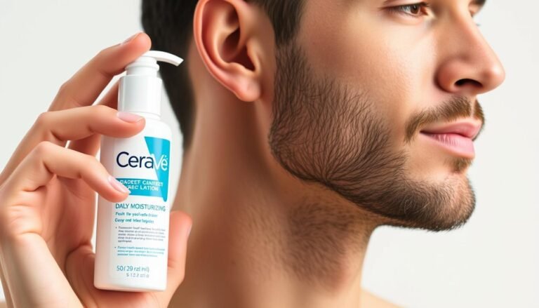 CeraVe Daily Moisturizing Lotion bottle next to a man applying moisturizer to his face
