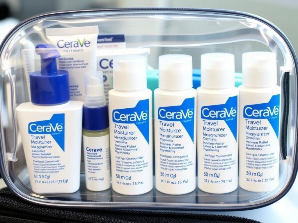 CeraVe travel size bottles in a toiletry bag CeraVe travel size bottles in a toiletry bag