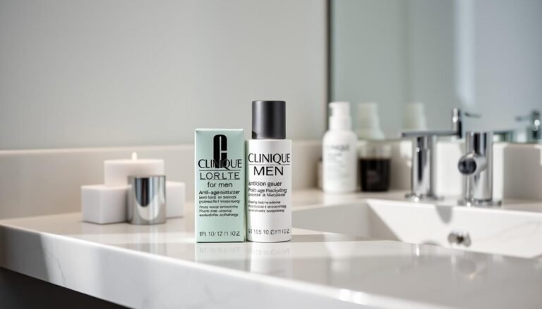 Clinique for Men Anti-Age Moisturizer bottle and packaging on a clean bathroom counter