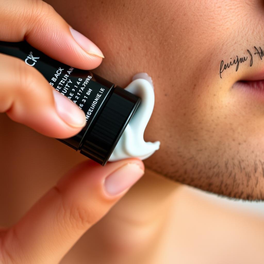 Close-up of Jack Black Double-Duty Face Moisturizer being applied to male skin Close-up of Jack Black Double-Duty Face Moisturizer being applied to male skin