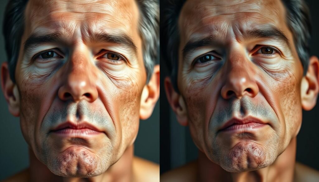 Comparison of protected vs unprotected skin showing effects of sun damage on male skin Comparison of protected vs unprotected skin showing effects of sun damage on male skin