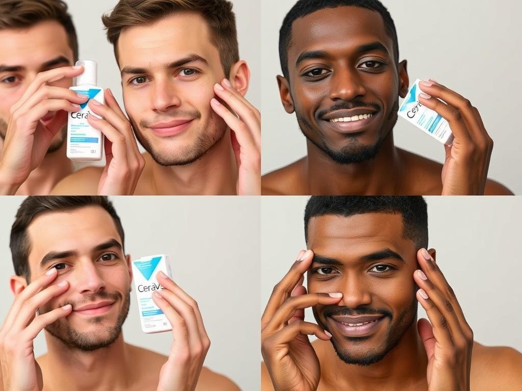 Four different men with various skin types applying CeraVe moisturizer Four different men with various skin types applying CeraVe moisturizer