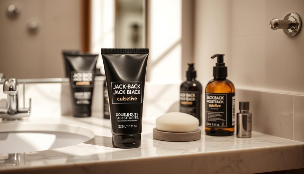 Jack Black Double-Duty Face Moisturizer lifestyle image showing the product in a modern men's grooming setup Jack Black Double-Duty Face Moisturizer lifestyle image showing the product in a modern men's grooming setup