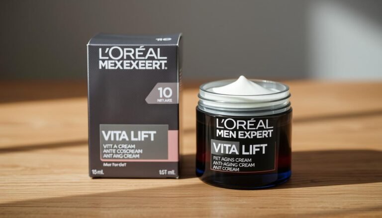 L'Oréal Men Expert Vita Lift cream jar and packaging on wooden surface