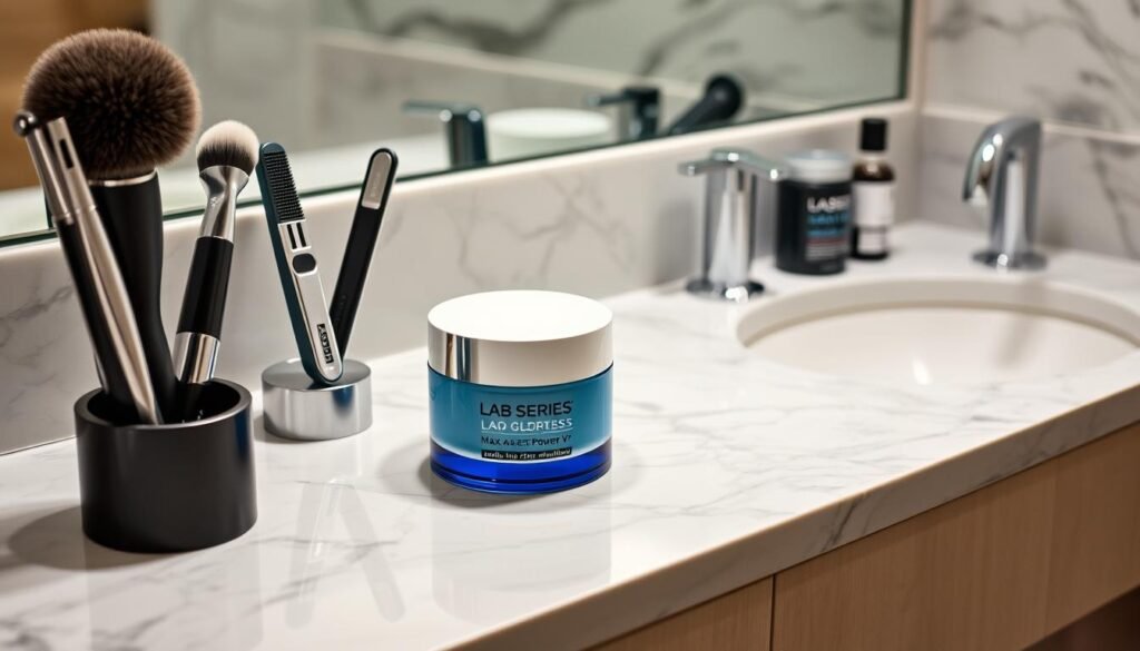 Lab Series Max Age-Less Power V cream in a luxury bathroom setting
