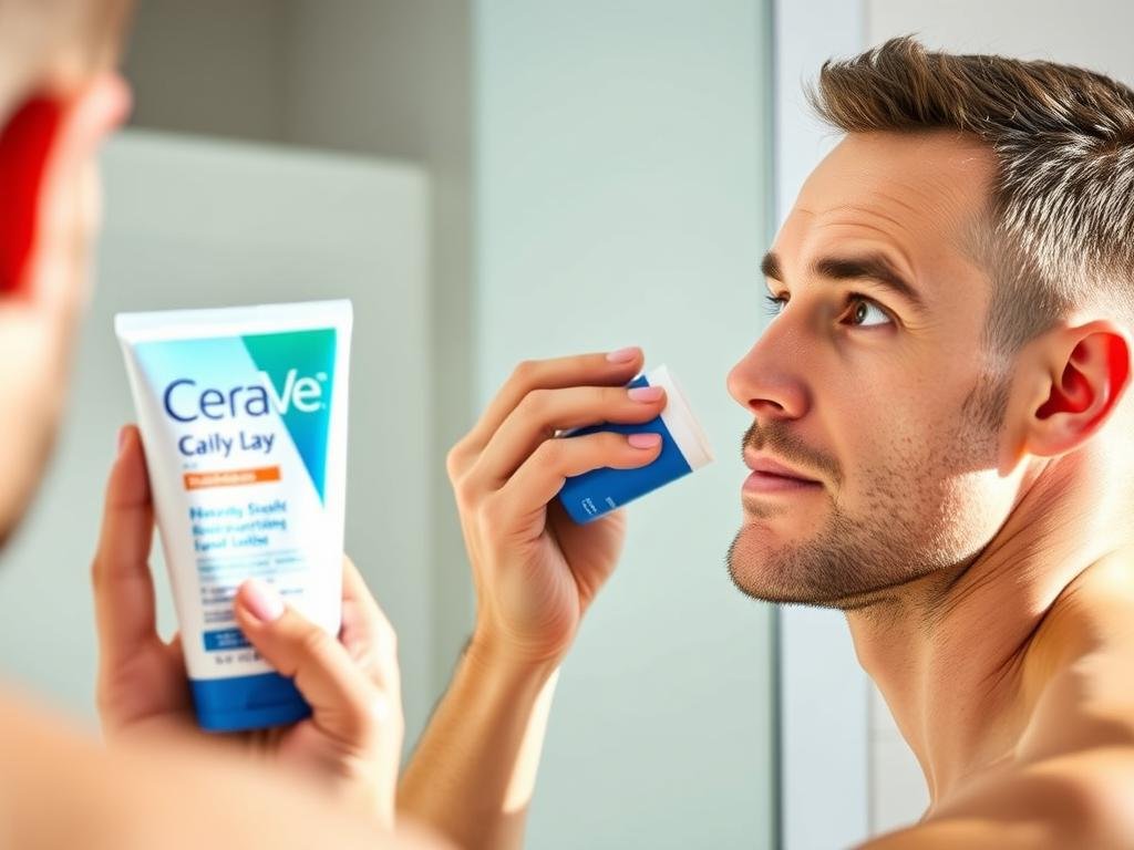 Man applying CeraVe moisturizer after shaving Man applying CeraVe moisturizer after shaving