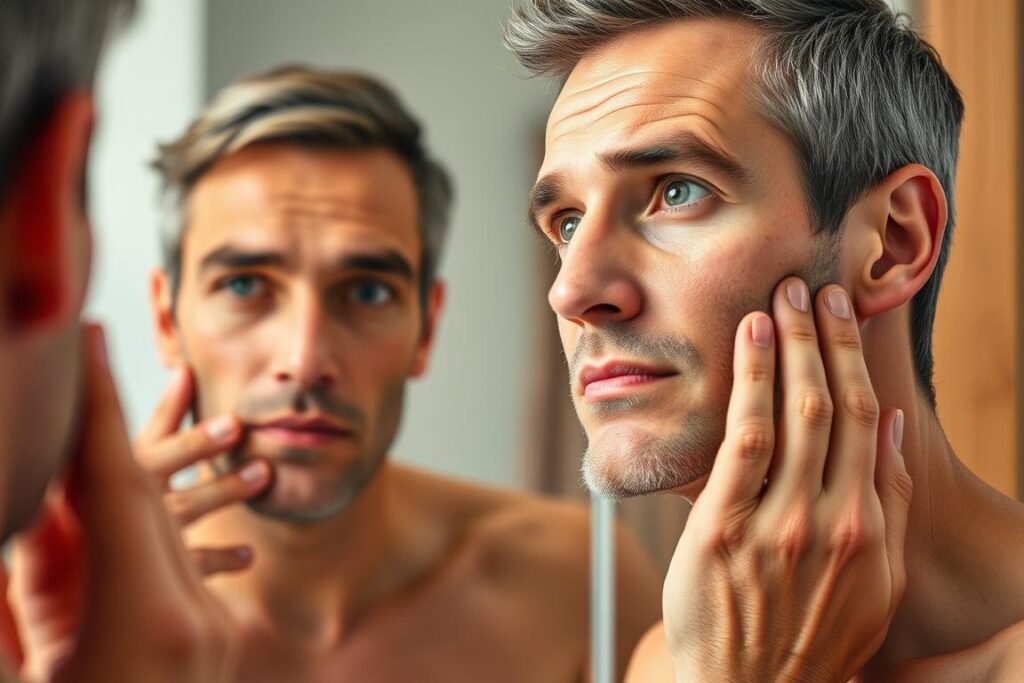 Man applying Clinique for Men Anti-Age Moisturizer to face Man applying Clinique for Men Anti-Age Moisturizer to face