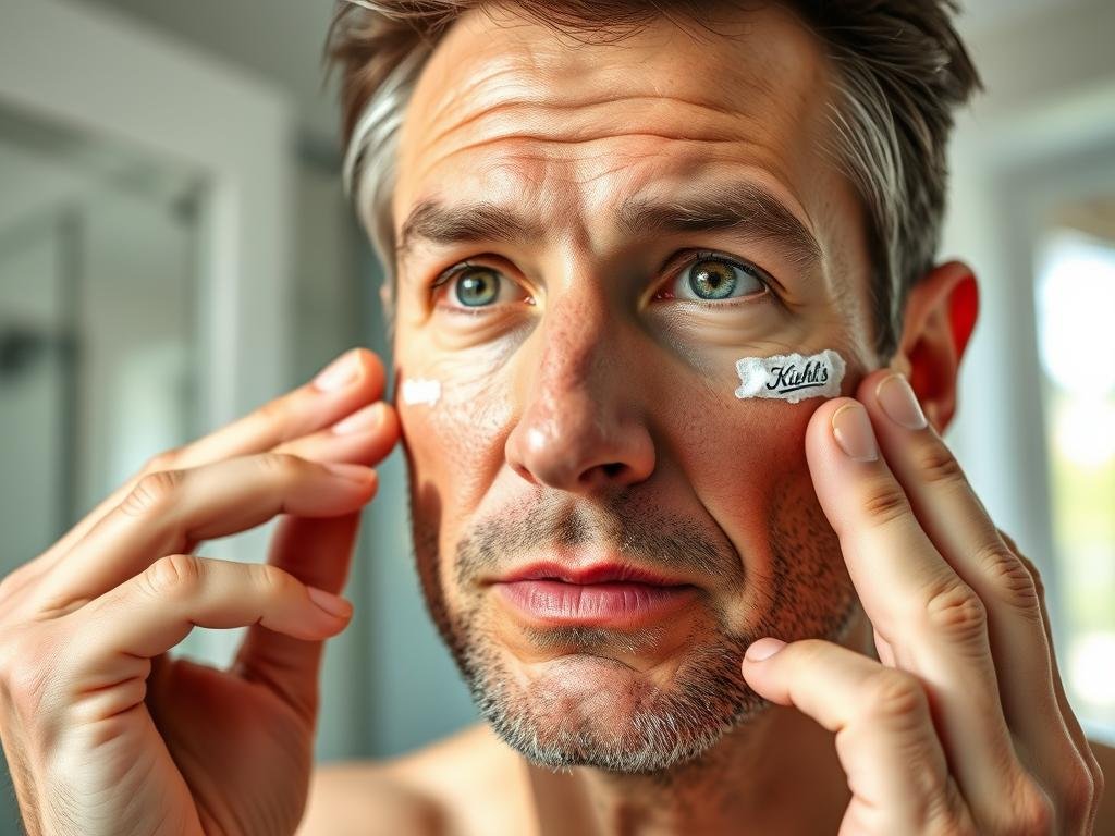 Man applying Kiehl's Age Defender Cream Moisturizer to face Man applying Kiehl's Age Defender Cream Moisturizer to face