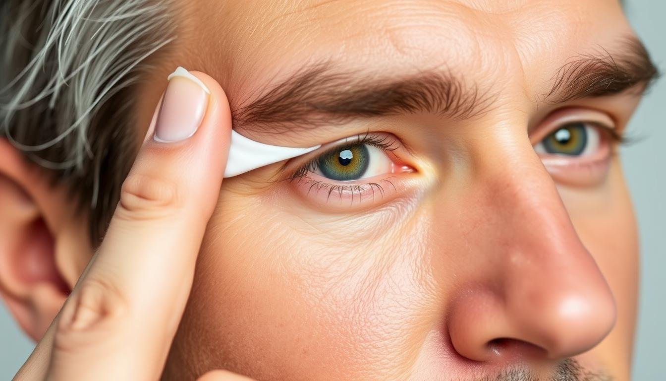 Man applying anti-aging eye cream to reduce crow's feet
