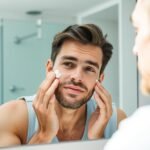 Man applying face moisturizer with explanation of benefits for men's skin