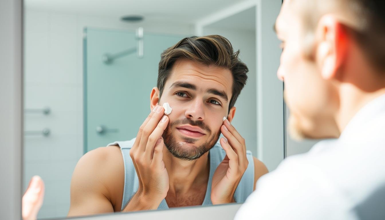 Man applying face moisturizer with explanation of benefits for men's skin