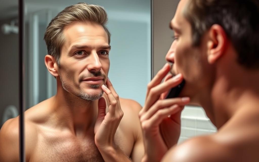 Man examining his skin in mirror after using Lab Series Max Age-Less Power V