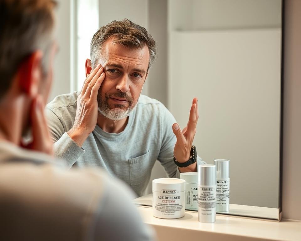 Man examining his skin in mirror before applying Kiehl's Age Defender
