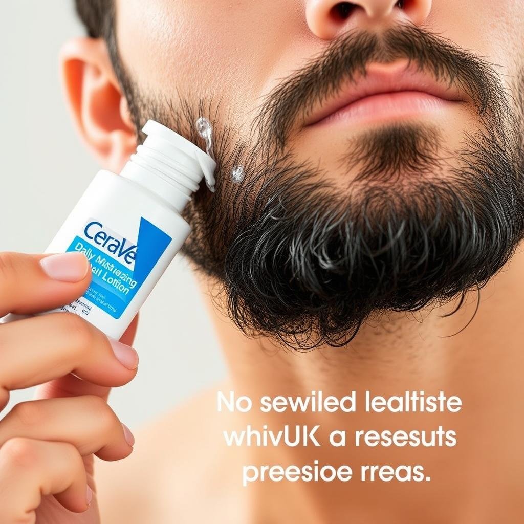 Man with beard applying CeraVe moisturizer to facial hair area Man with beard applying CeraVe moisturizer to facial hair area