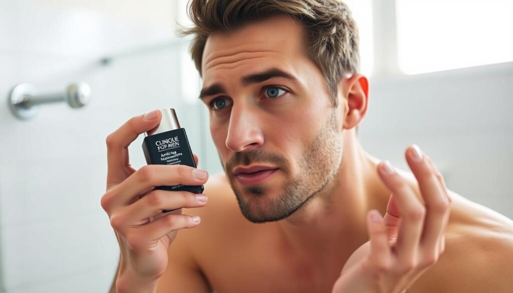 Man with healthy skin applying Clinique for Men Anti-Age Moisturizer Man with healthy skin applying Clinique for Men Anti-Age Moisturizer