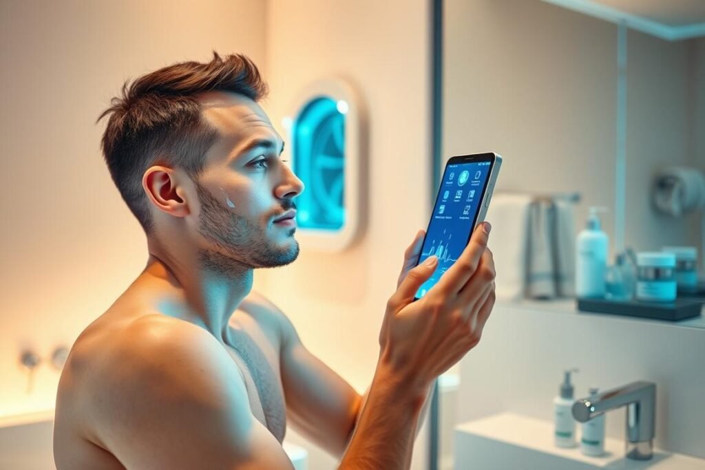 Modern man using personalized skincare technology Modern man using personalized skincare technology