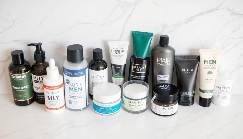 Selection of affordable face moisturizers for men under $30 arranged on a counter