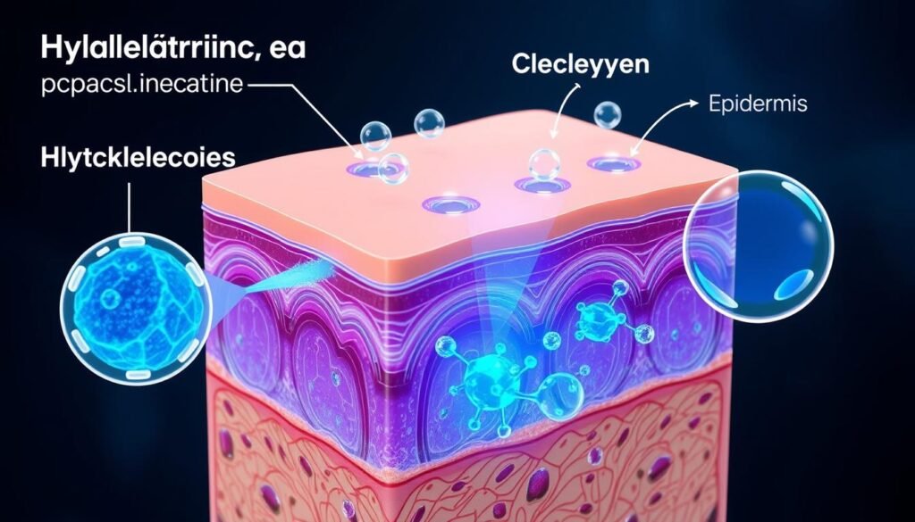Visualization of hyaluronic acid and glycerin molecules hydrating skin cells Visualization of hyaluronic acid and glycerin molecules hydrating skin cells