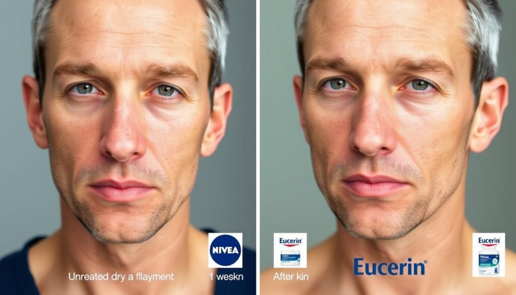 Before and after comparison showing the effects of Nivea vs Eucerin Men Face Cream on dry skin Before and after comparison showing the effects of Nivea vs Eucerin Men Face Cream on dry skin