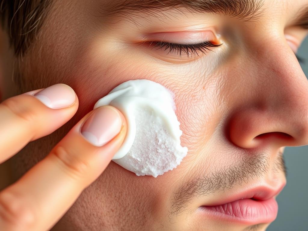 Eucerin face cream being applied to extremely dry, flaky skin Eucerin face cream being applied to extremely dry, flaky skin