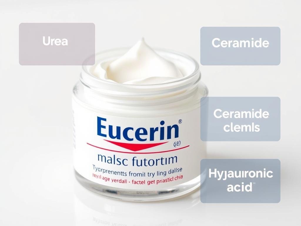 Eucerin face cream for dry skin with its dermatological ingredients highlighted Eucerin face cream for dry skin with its dermatological ingredients highlighted
