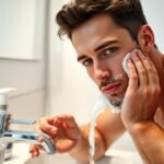 Man washing face with cleanser showing CeraVe and Neutrogena products for oily skin