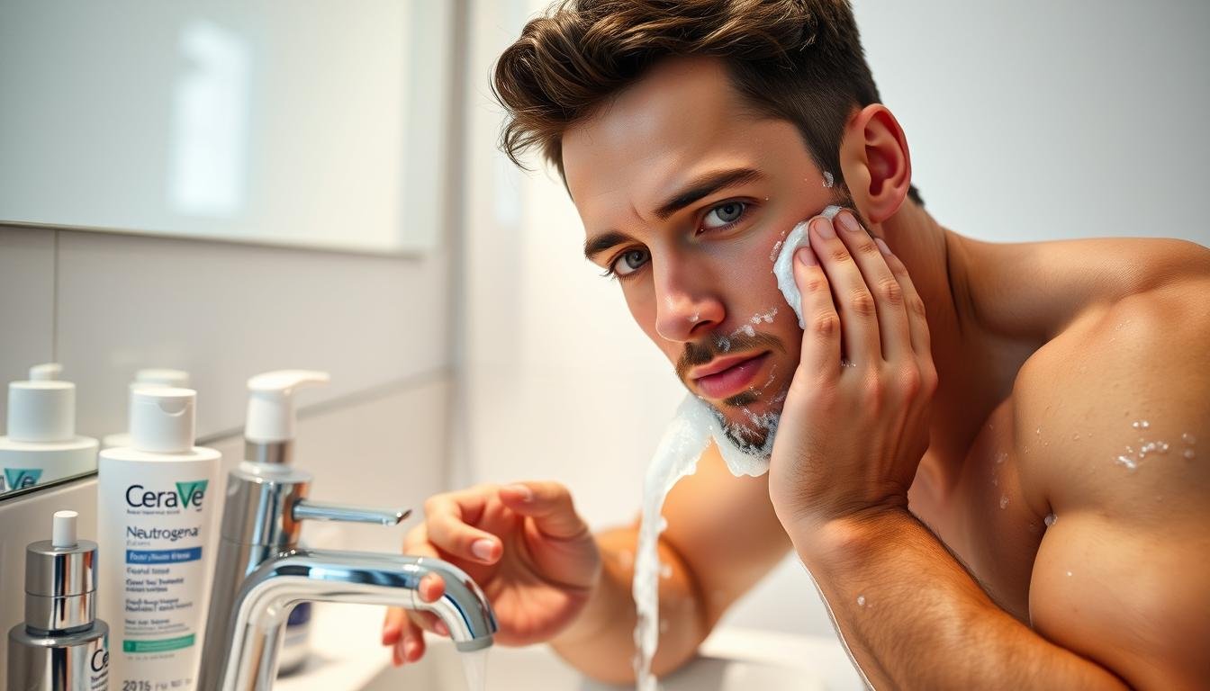 Man washing face with cleanser showing CeraVe and Neutrogena products for oily skin