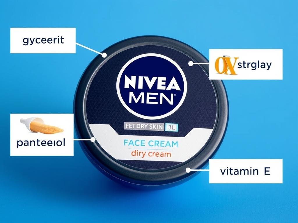 Nivea Men face cream for dry skin with its key ingredients highlighted Nivea Men face cream for dry skin with its key ingredients highlighted