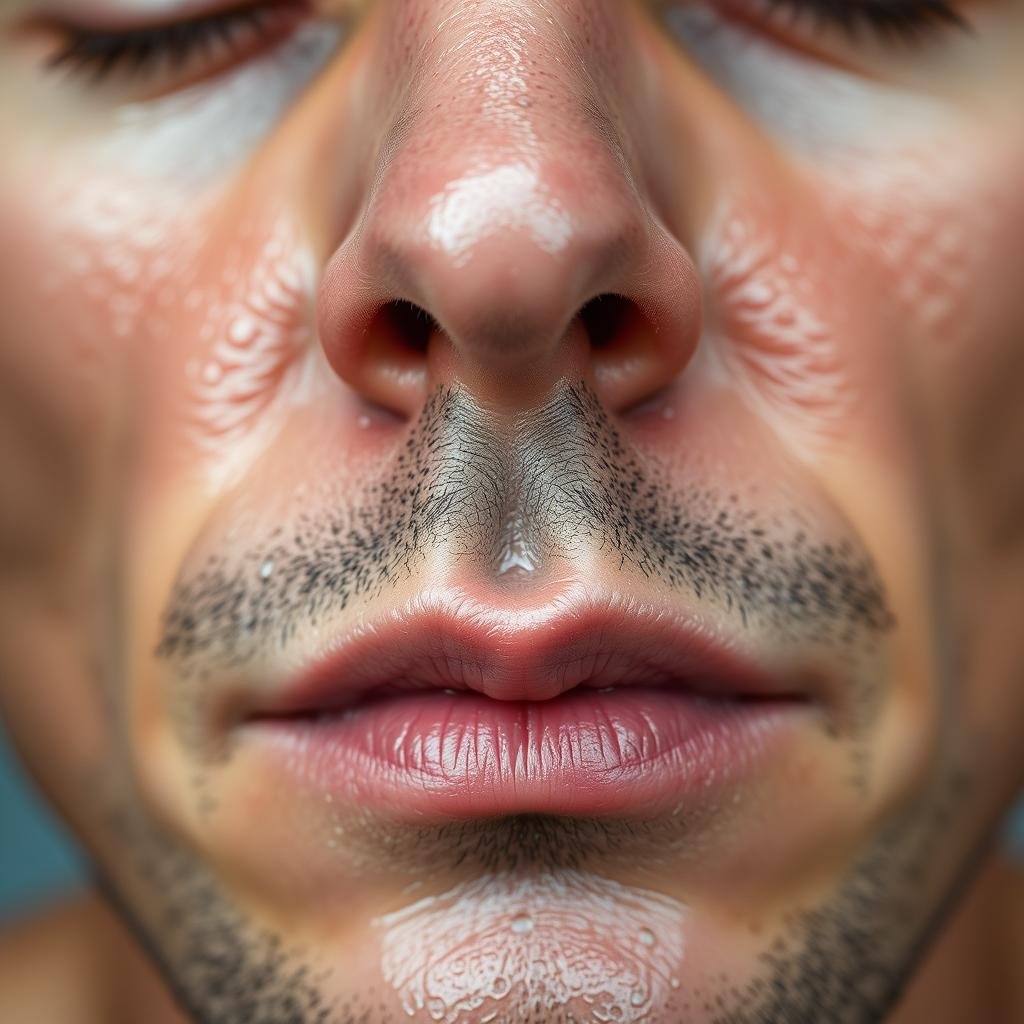 Close-up of oily skin showing shine on T-zone