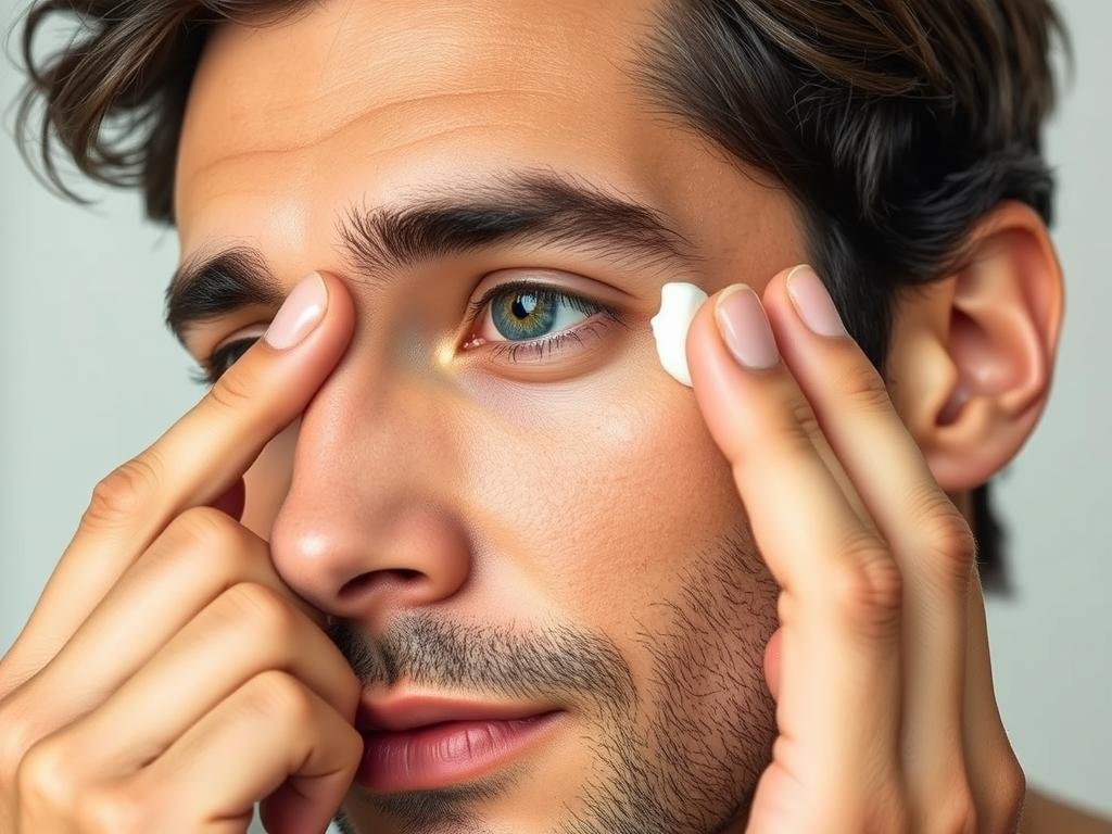 Man applying eye cream around eyes