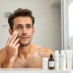Man applying skincare product with simple skincare routine for men products in background