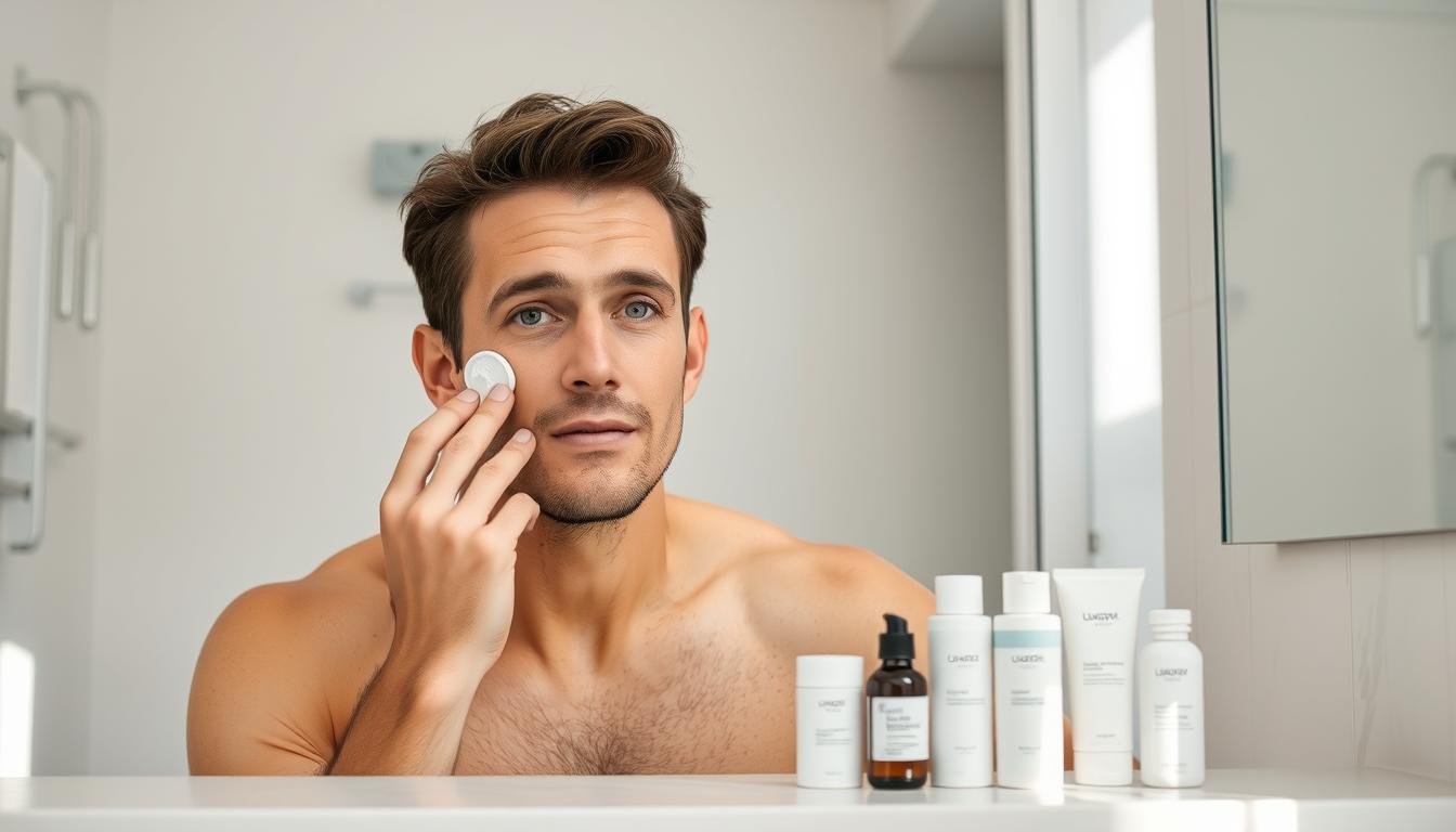 Man applying skincare product with simple skincare routine for men products in background