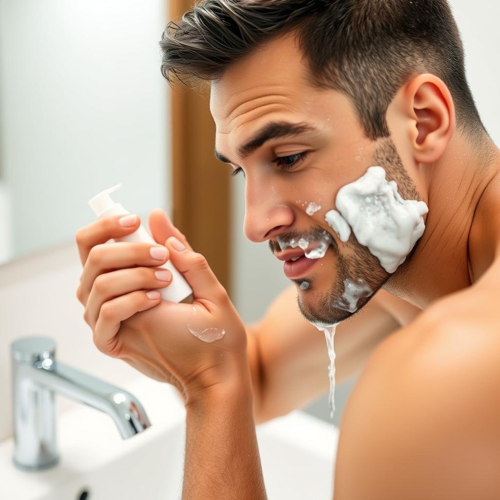 Man washing face with cleanser as part of simple skincare routine for men