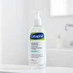 Bottle of Cetaphil Gentle Skin Cleanser with a pump dispenser against a clean bathroom background