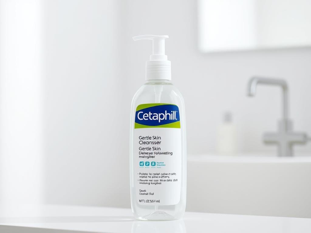 Bottle of Cetaphil Gentle Skin Cleanser with a pump dispenser against a clean bathroom background