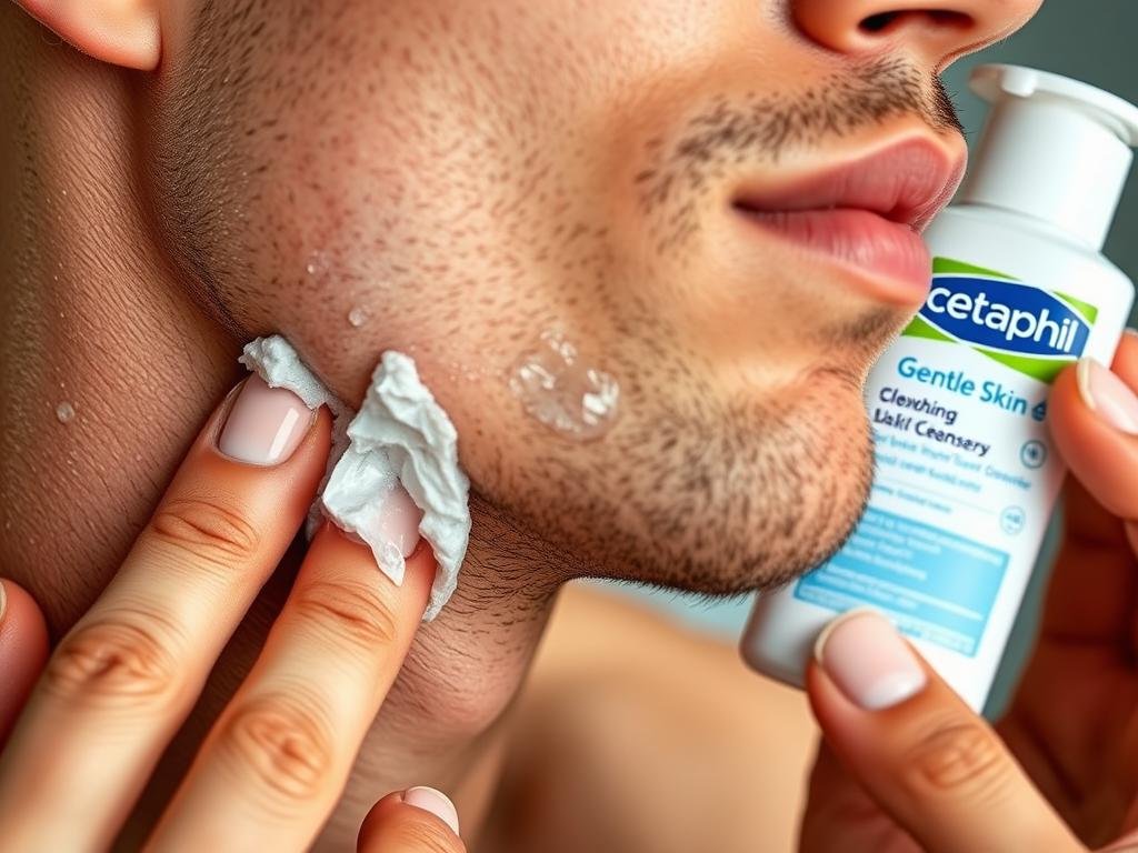 Close-up of a man with post-shave irritation applying Cetaphil Gentle Skin Cleanser