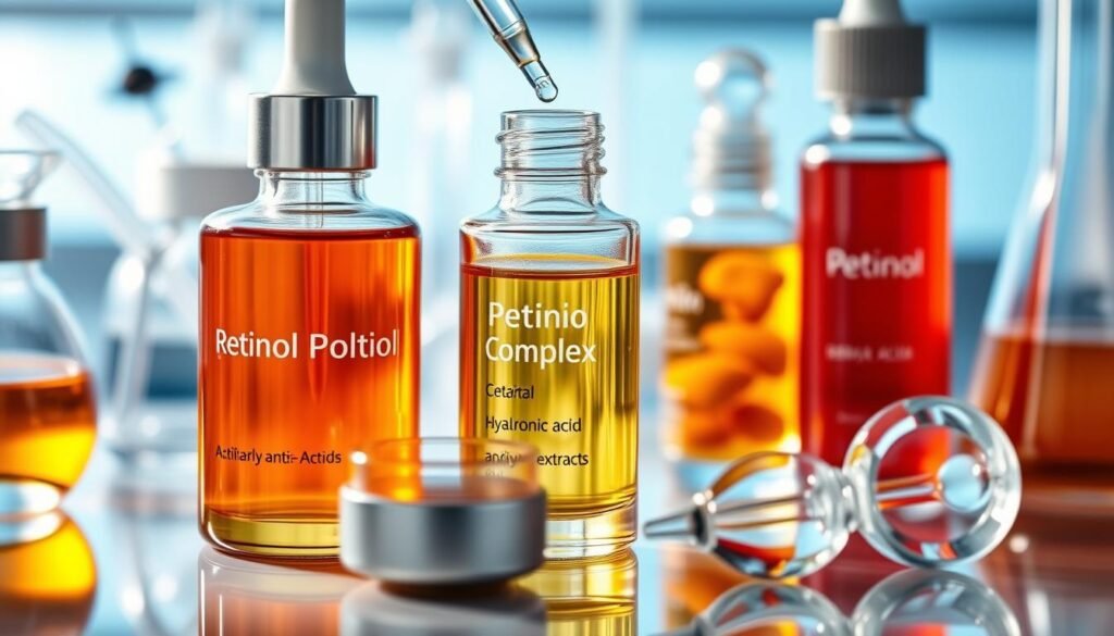Close-up of luxury skincare ingredients including retinol, peptides, and hyaluronic acid