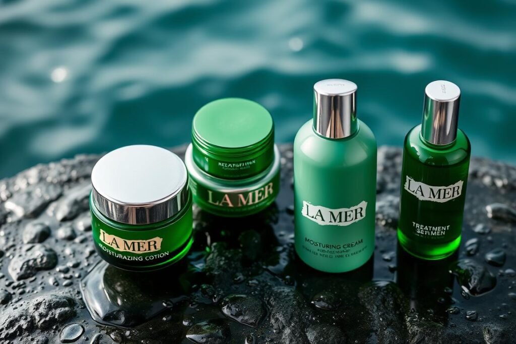 La Mer premium skincare products for men displayed elegantly