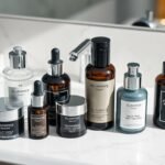 Luxury skincare products for men arranged on marble countertop