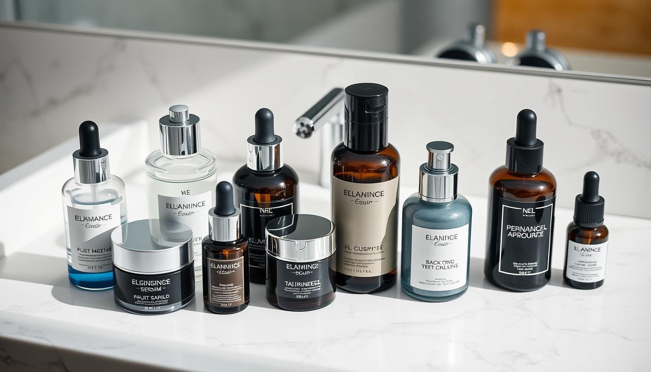Luxury skincare products for men arranged on marble countertop