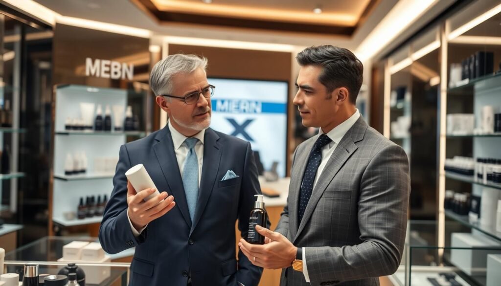 Man consulting with skincare specialist about luxury products
