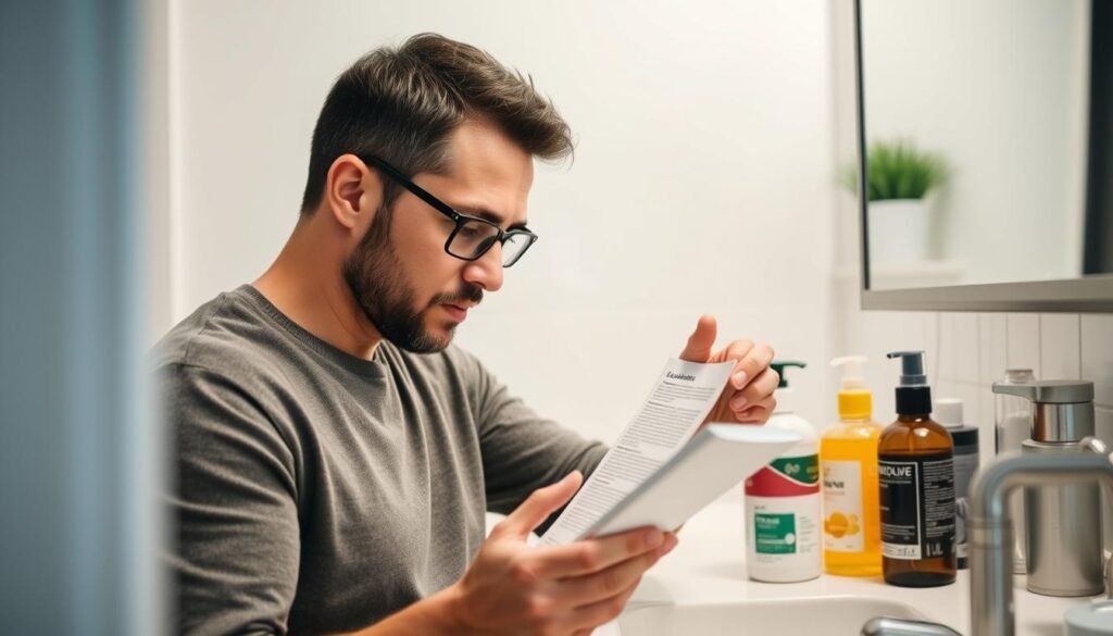 Man examining different exfoliator products, looking at ingredients lists and comparing options
