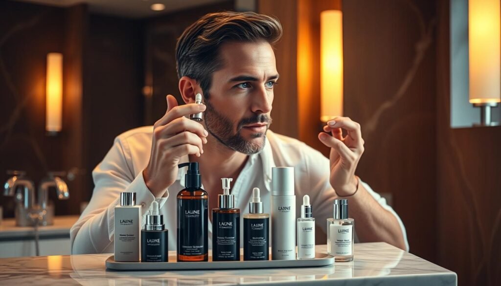 Man following a complete luxury skincare routine