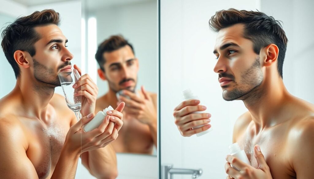 Man following a step-by-step skincare routine focusing on exfoliation for oily skin and blackheads