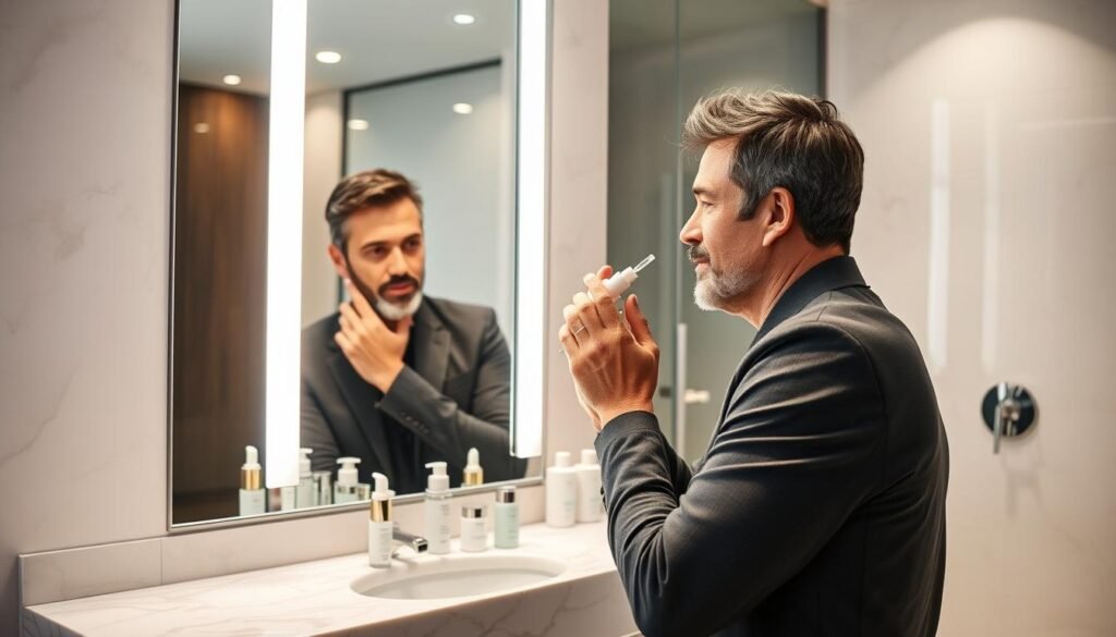 Man following luxury skincare routine in bathroom