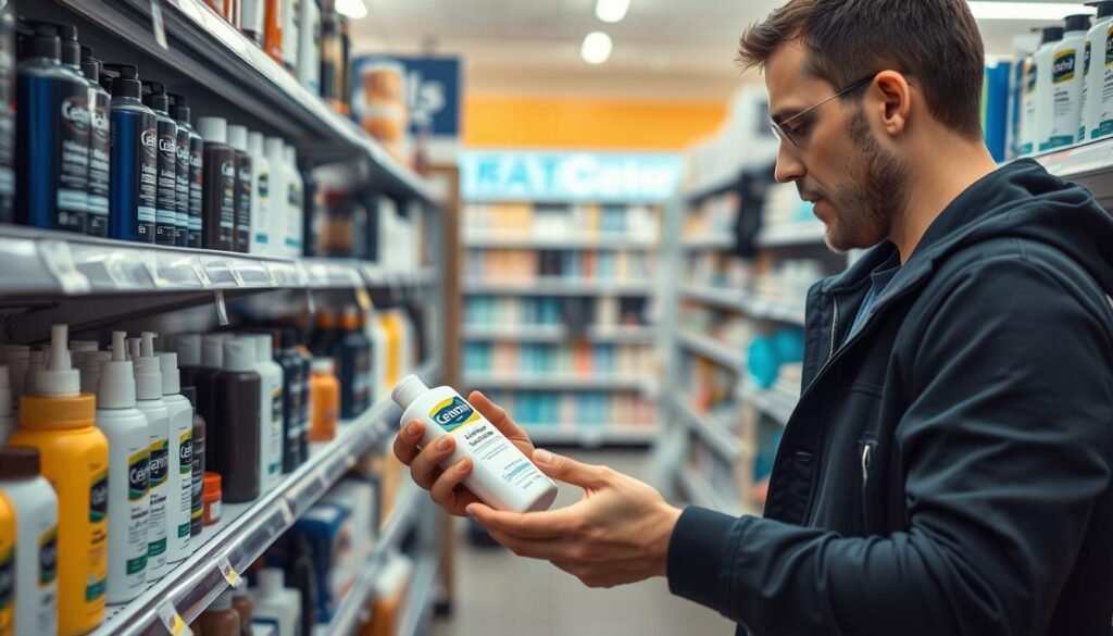 Man shopping for skincare products, examining the Cetaphil Gentle Skin Cleanser label