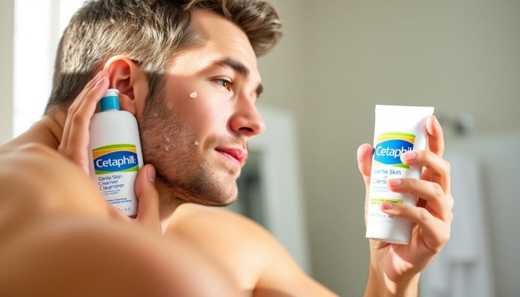 Man washing face with Cetaphil Gentle Skin Cleanser, demonstrating proper application technique