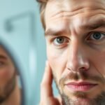 Man with oily skin examining his face in the mirror, focusing on blackheads on his nose and forehead