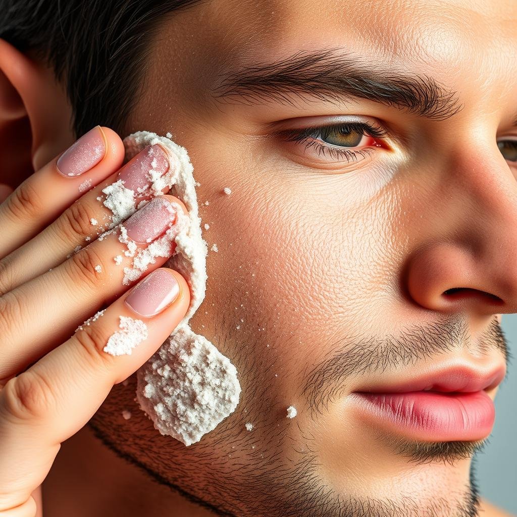 Physical exfoliator scrub being applied in circular motions on a man's face