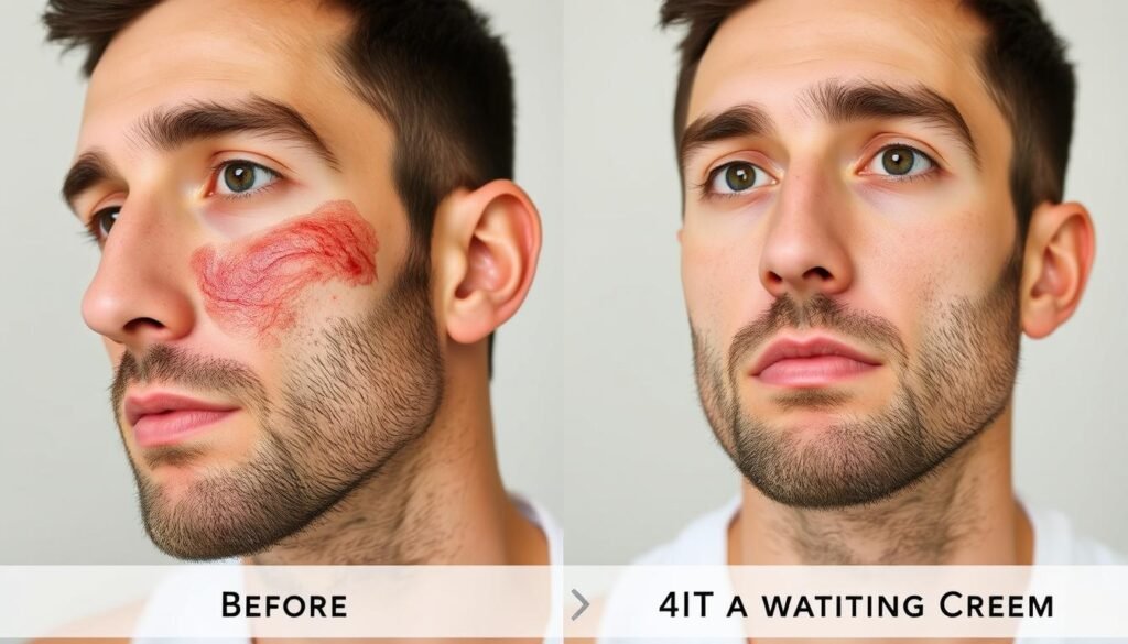 Before and after using The Art of Shaving Sandalwood Shaving Cream showing reduced irritation